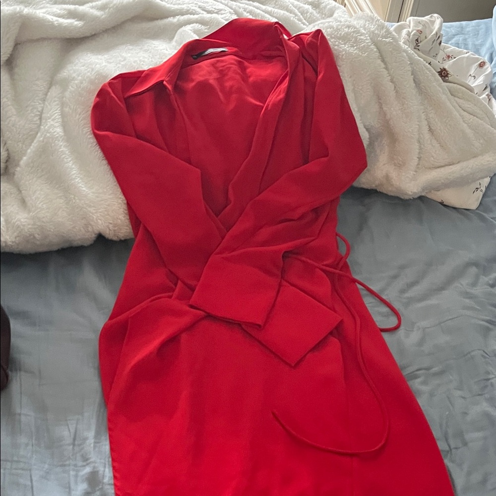 Mango Red Long Sleeve Wrap Dress